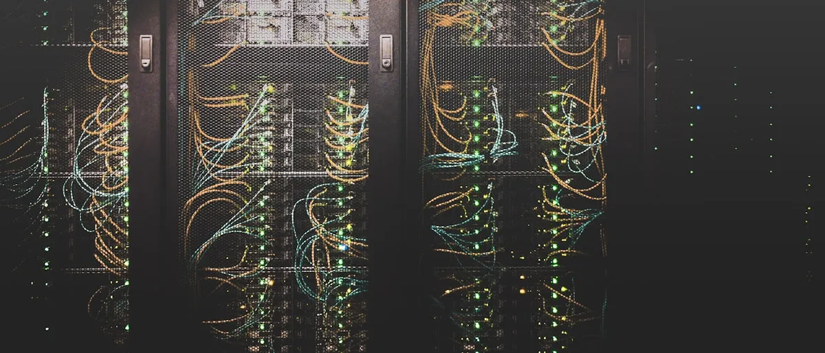 A server rack with illuminated network cables