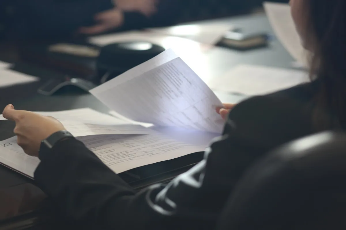 A person reviewing printed documents at a meeting table